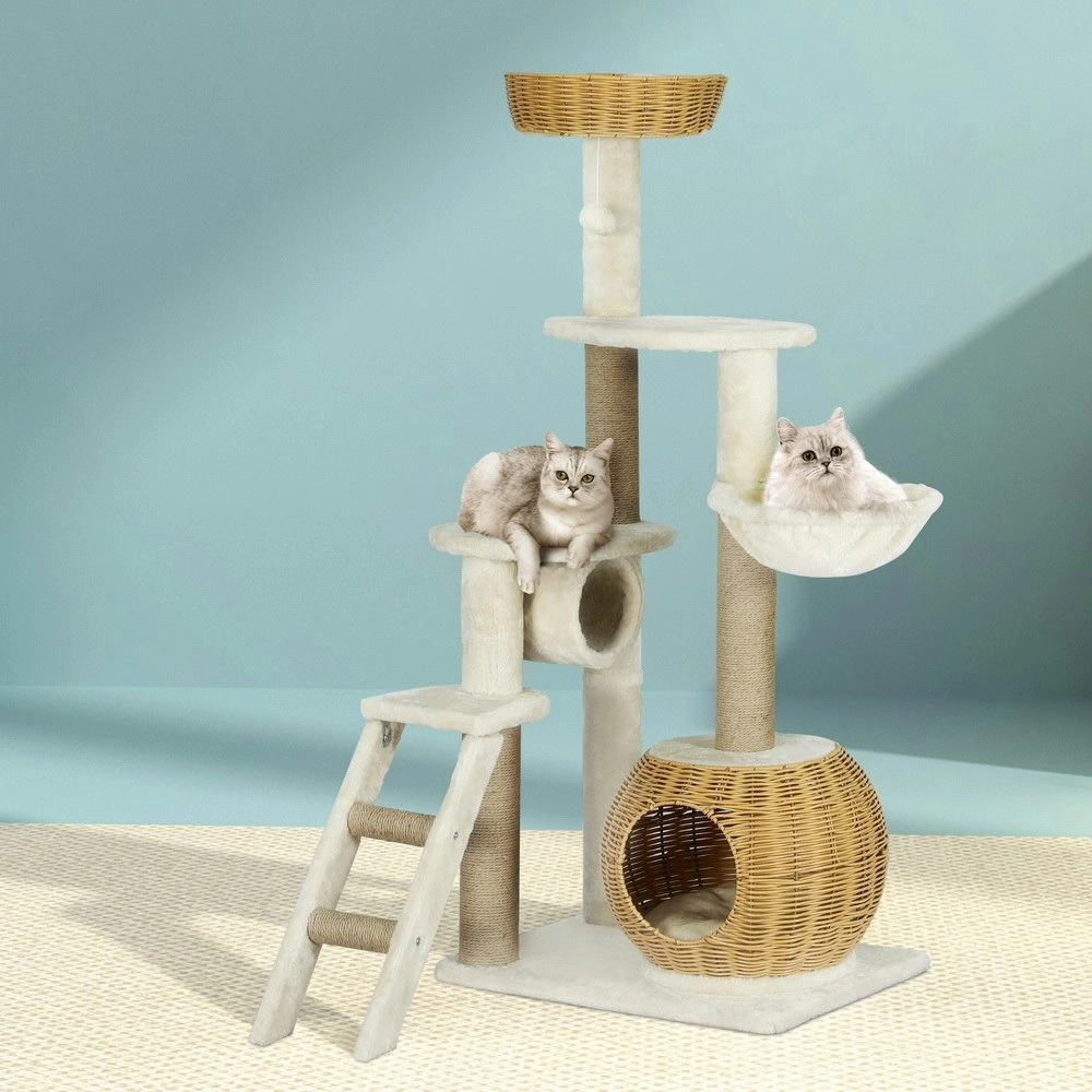 i.Pet Cat Tree 138cm Tower Scratching Post Scratcher Wood Bed Condo House Rattan Ladder