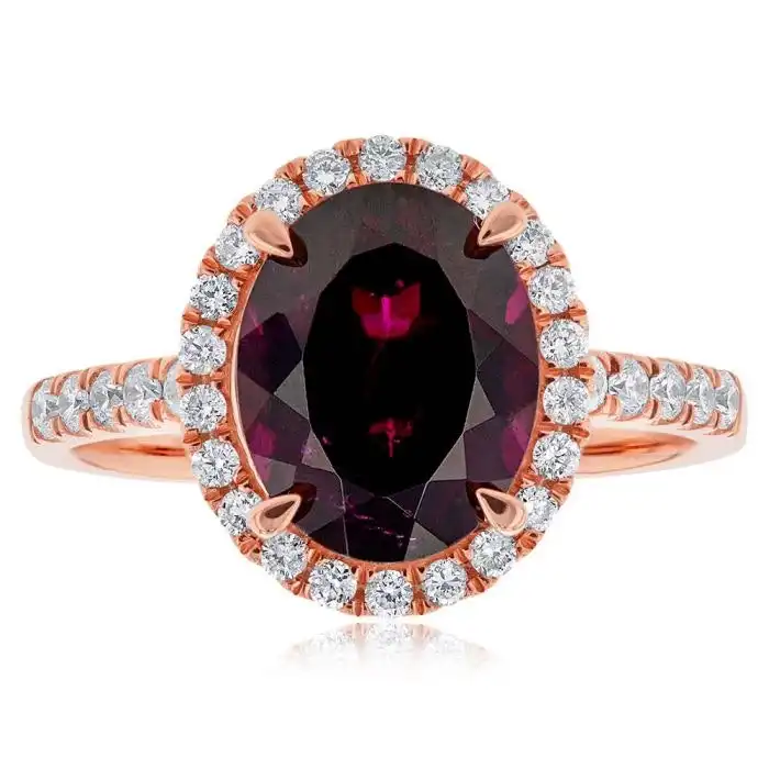 9ct Rose Gold Rhodolite Garnet Ring 10x8mm Oval with 0.34ct Diamonds