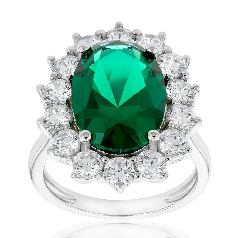 Sterling Silver Rhodium Plated  Emerald-Green Cubic Zirconia Oval Ring