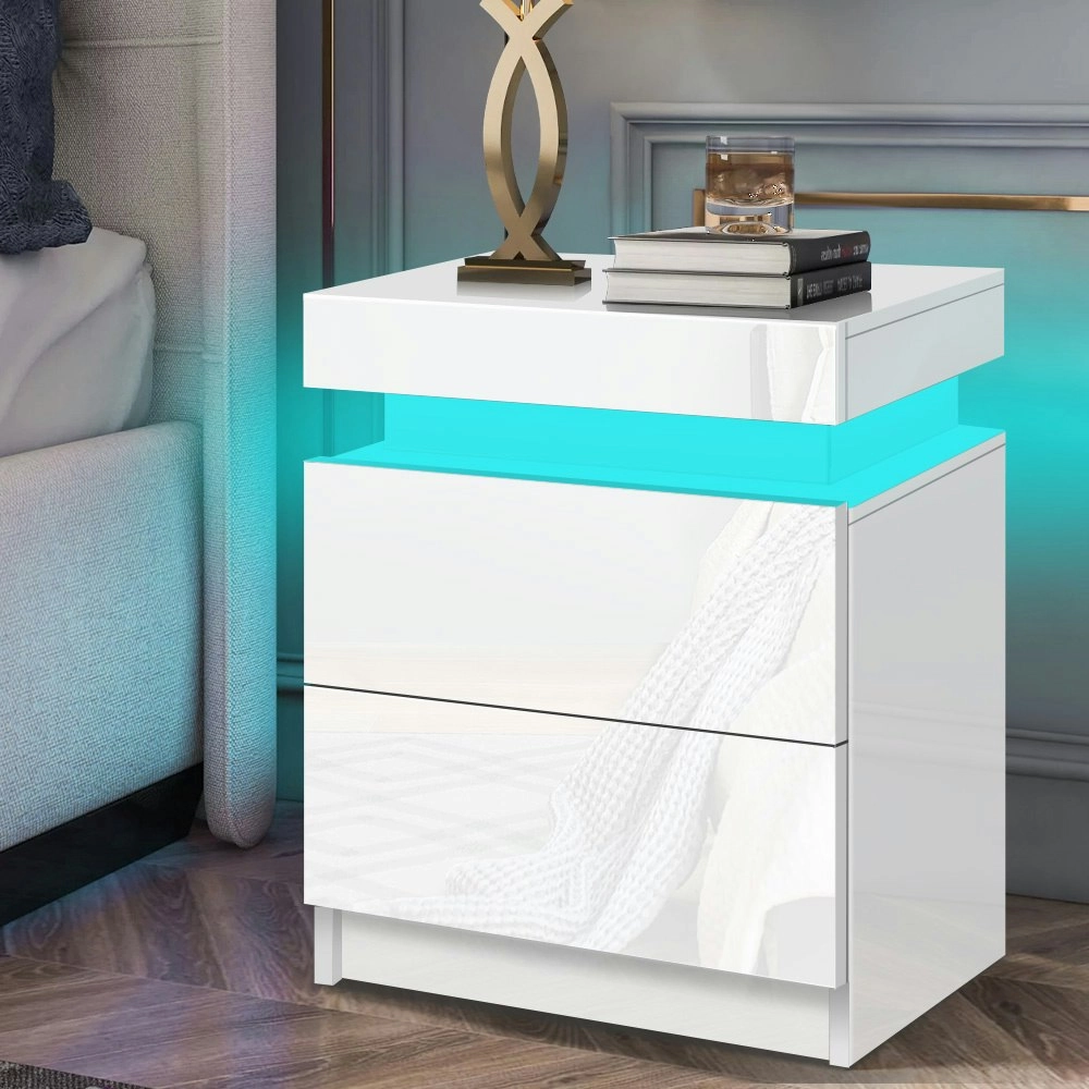 Alfordson Bedside Table LED Gloss White