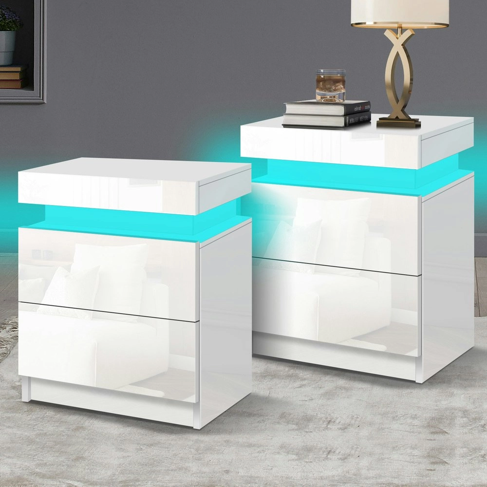 Alfordson 2x Bedside Table LED Gloss White