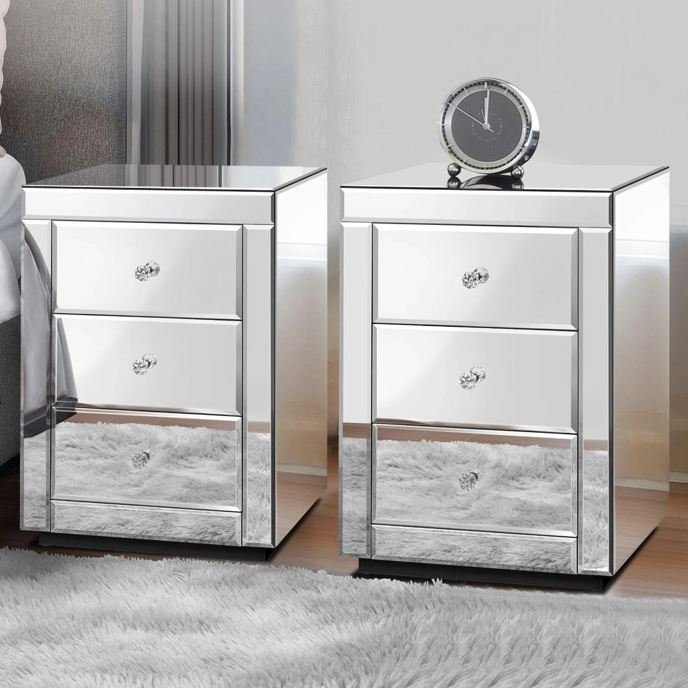 Alfordson 2x Mirrored Bedside Table Silver