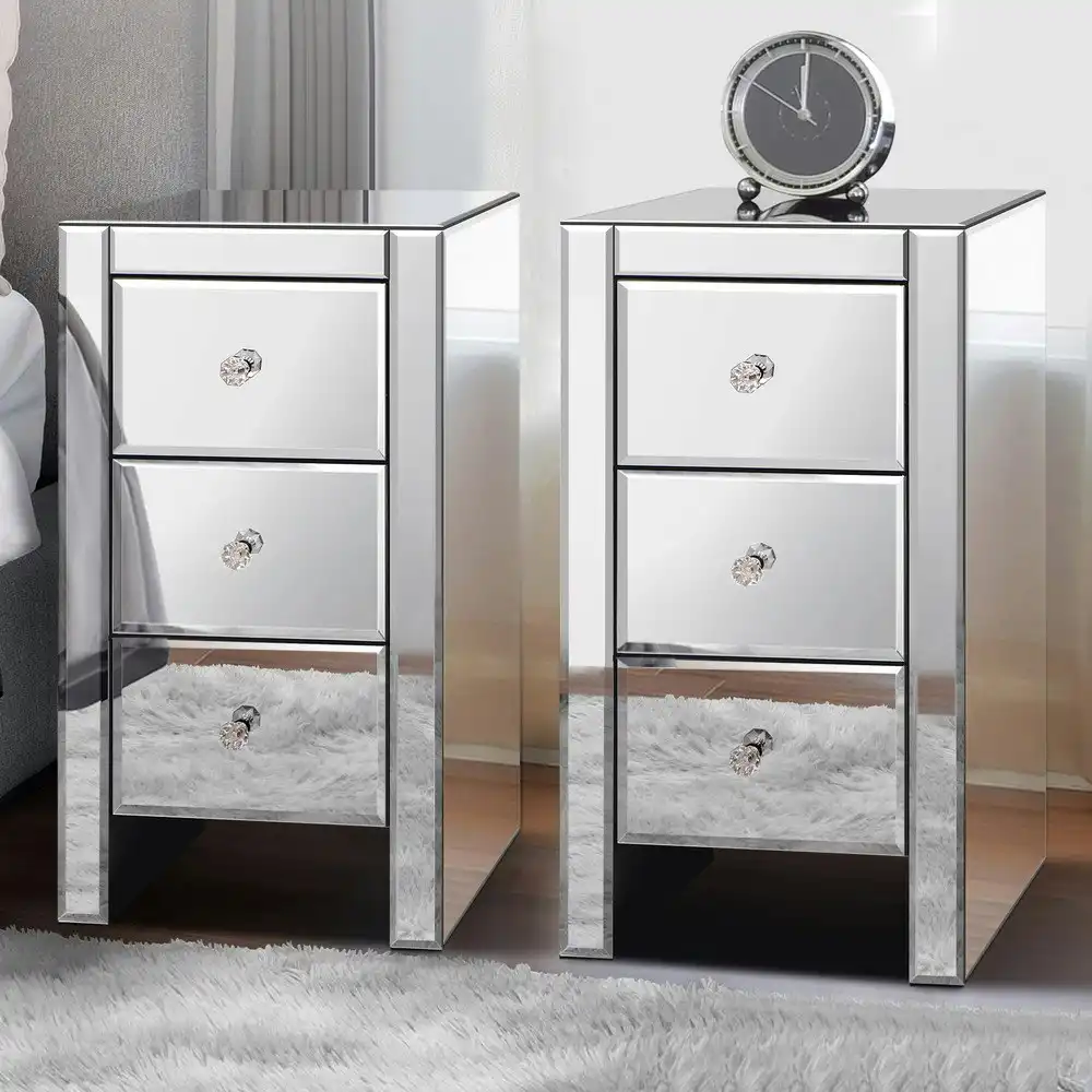 Alfordson 2x Mirrored Bedside Table - Silver