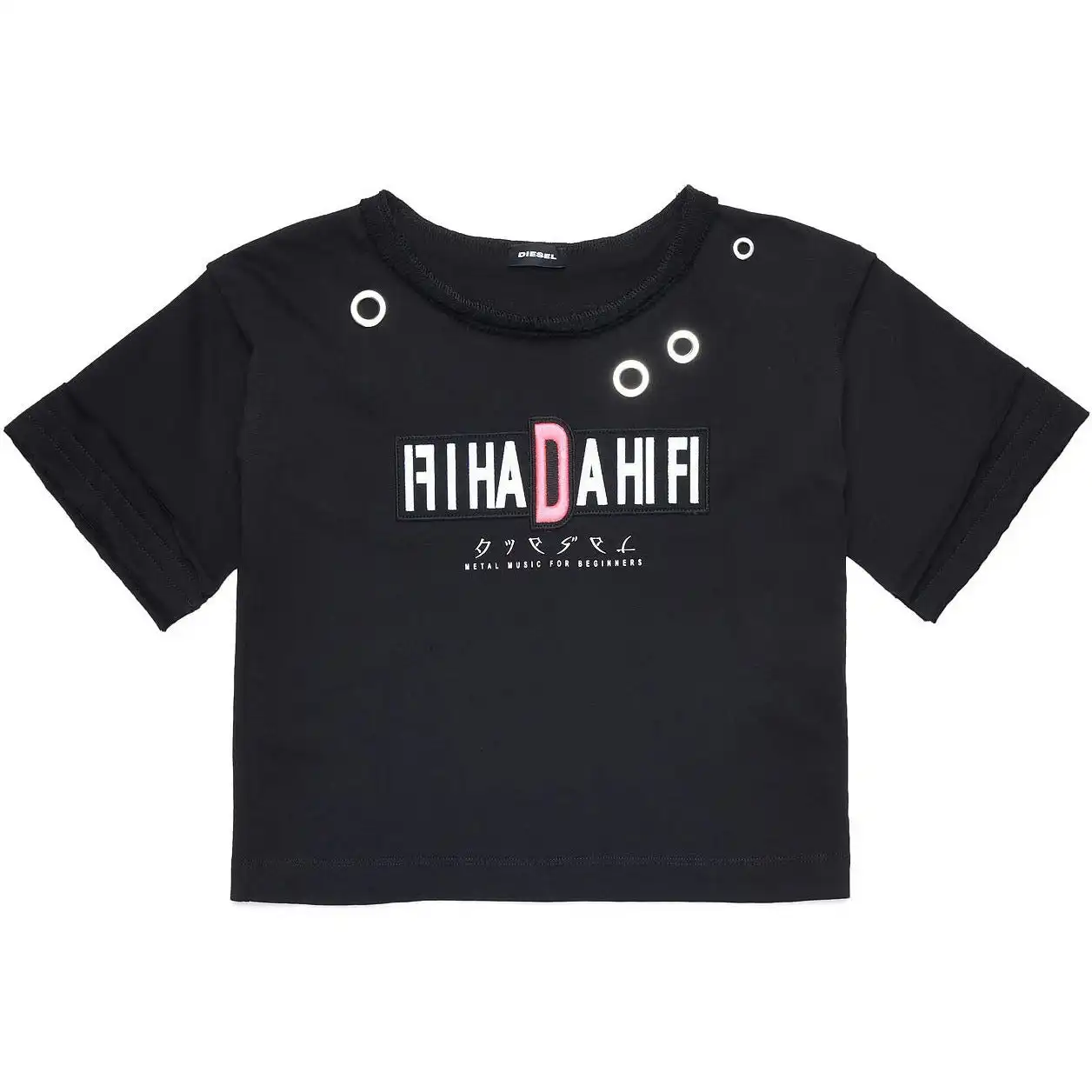 Diesel Girls Black Cropped T-shirt With Eyelet Design