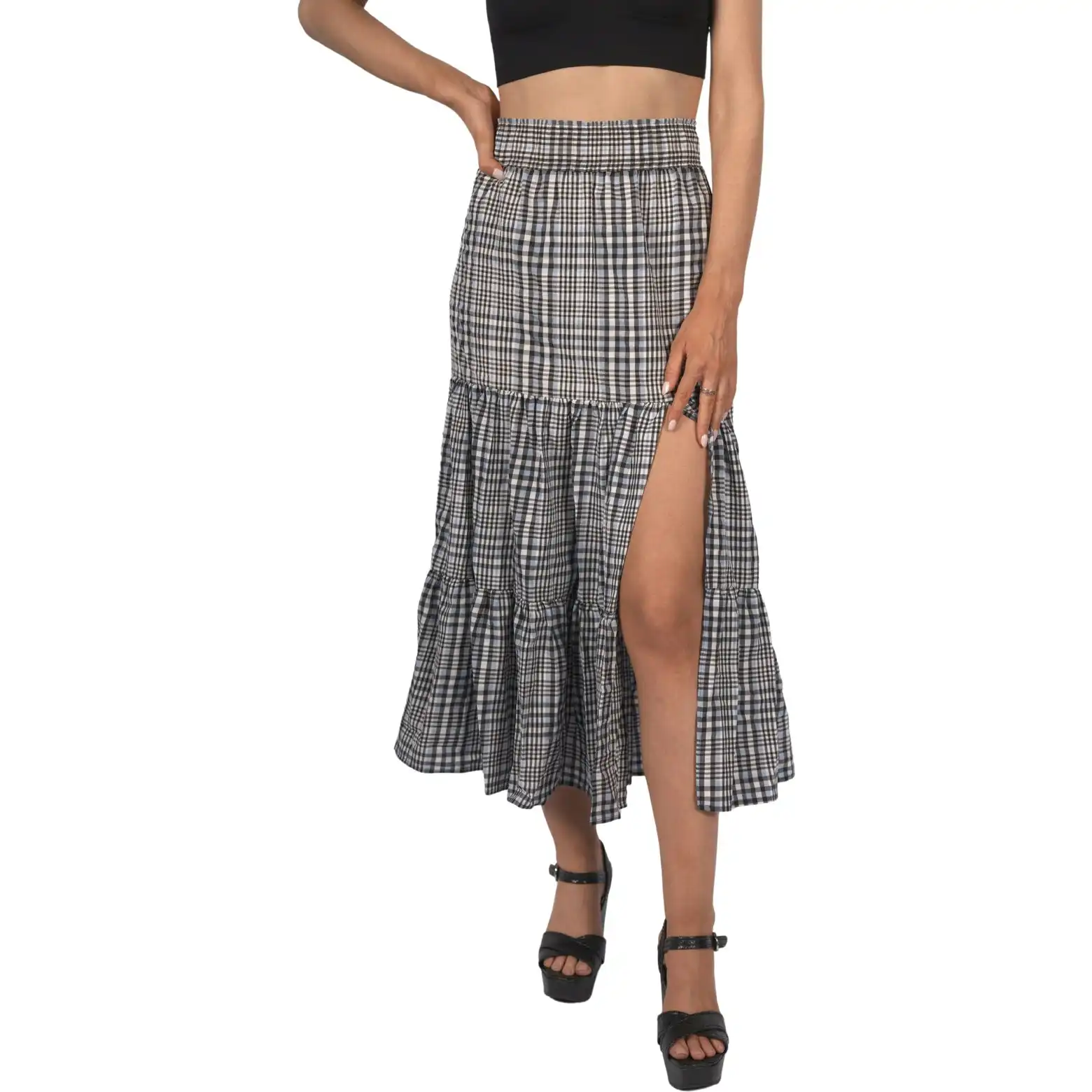 Topshop Women's Gingham Split Midi Skirt - Black, White & Blue