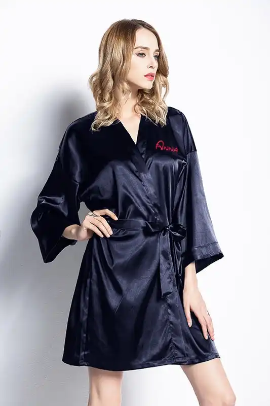 Satin Kimono Robe in Navy