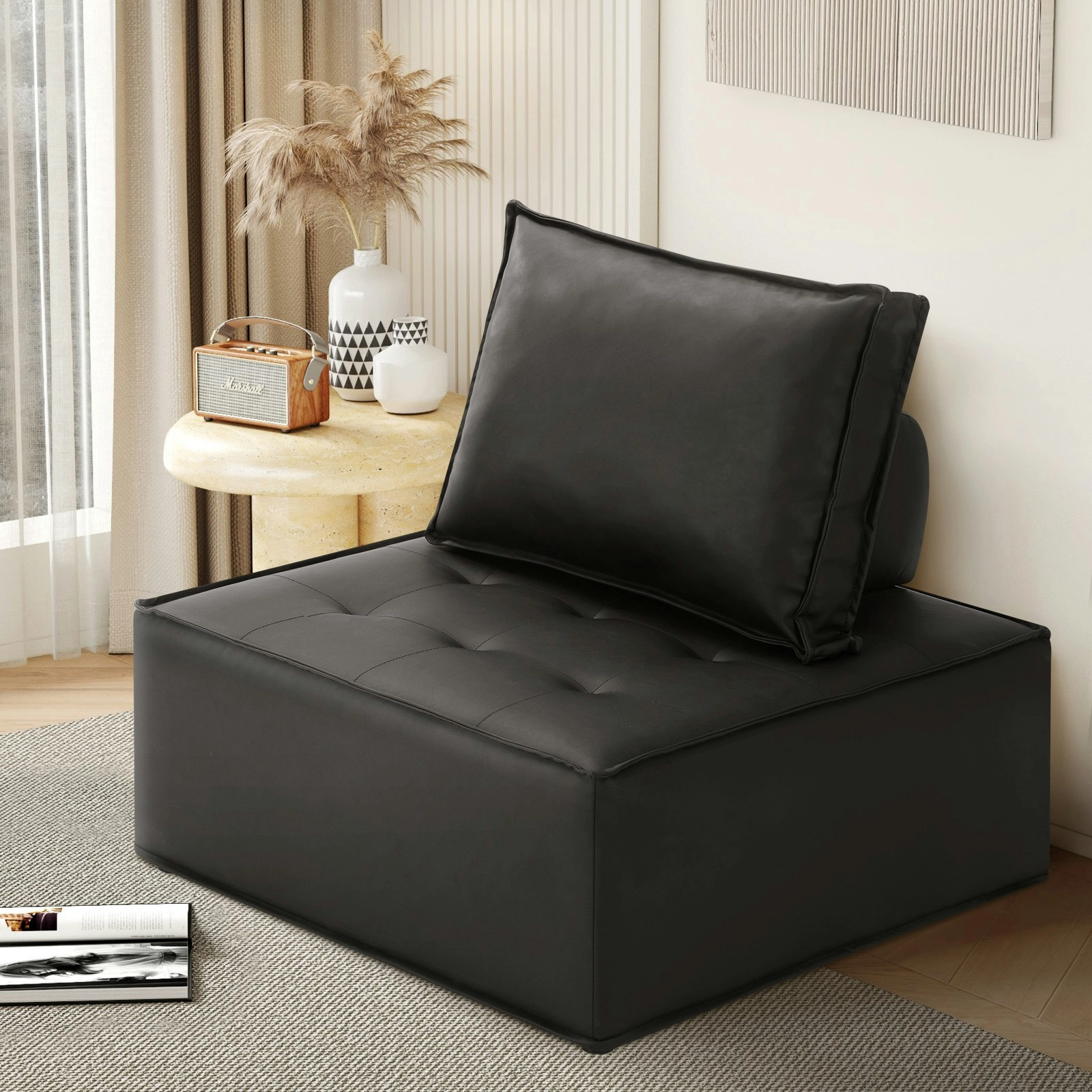 Oikiture 1PC Modular Sofa Lounge Chair Armless TOFU Back PU Leather Black