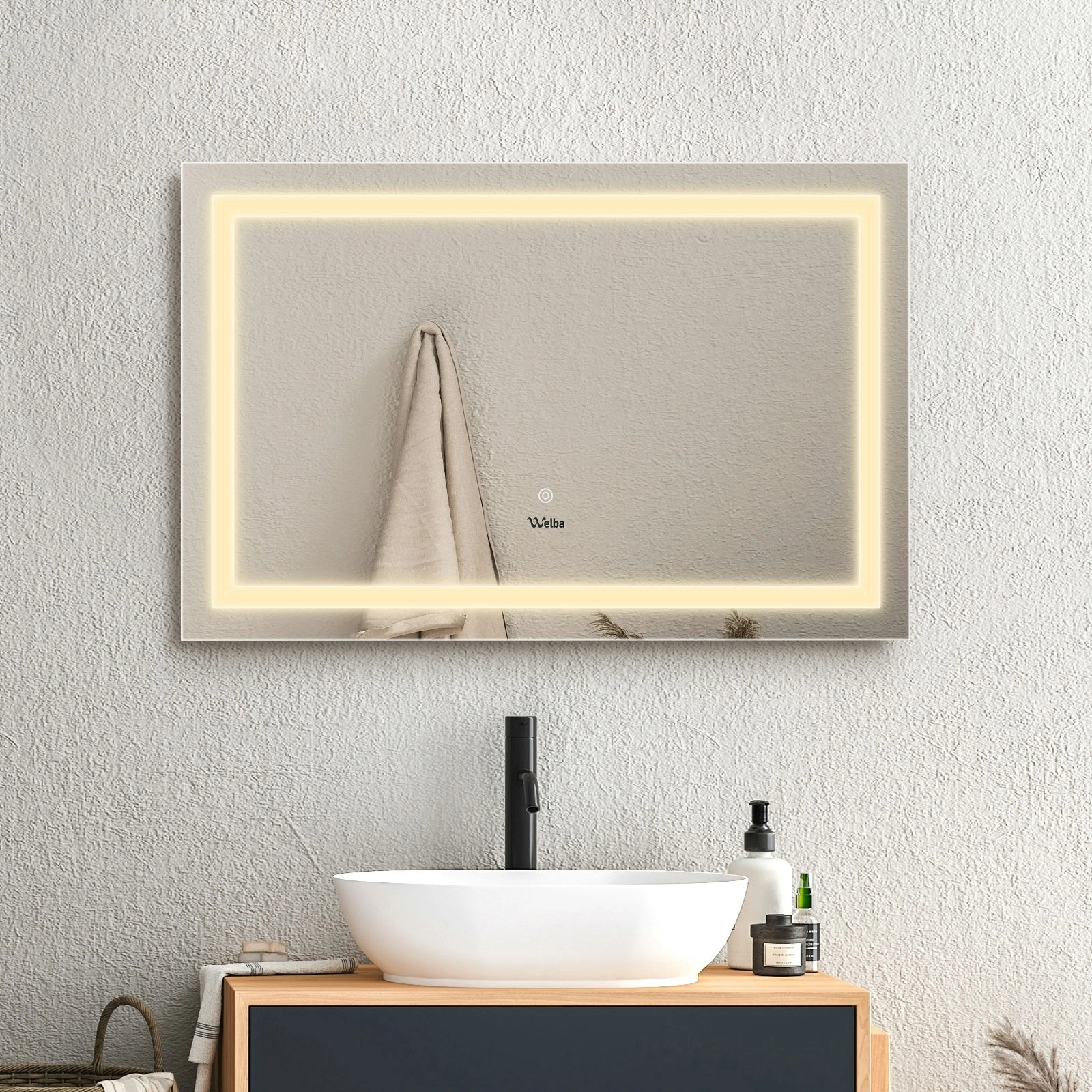 Welba LED Rectangle Bathroom Mirror Anti-fog Smart Makeup Wall Mirrors 80x60cm