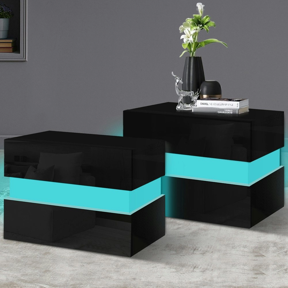 Alfordson 2x Bedside Table LED Black