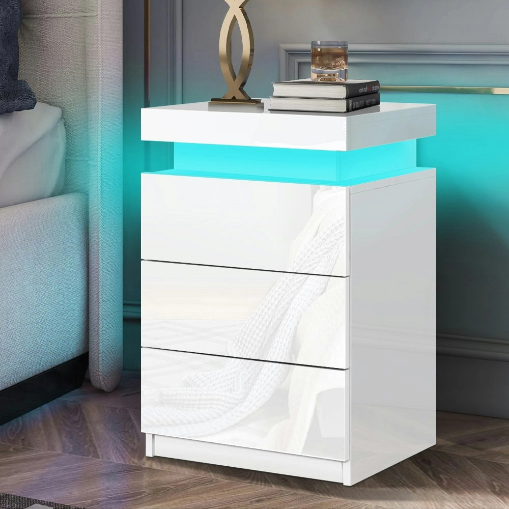 Alfordson Bedside Table LED White Gloss