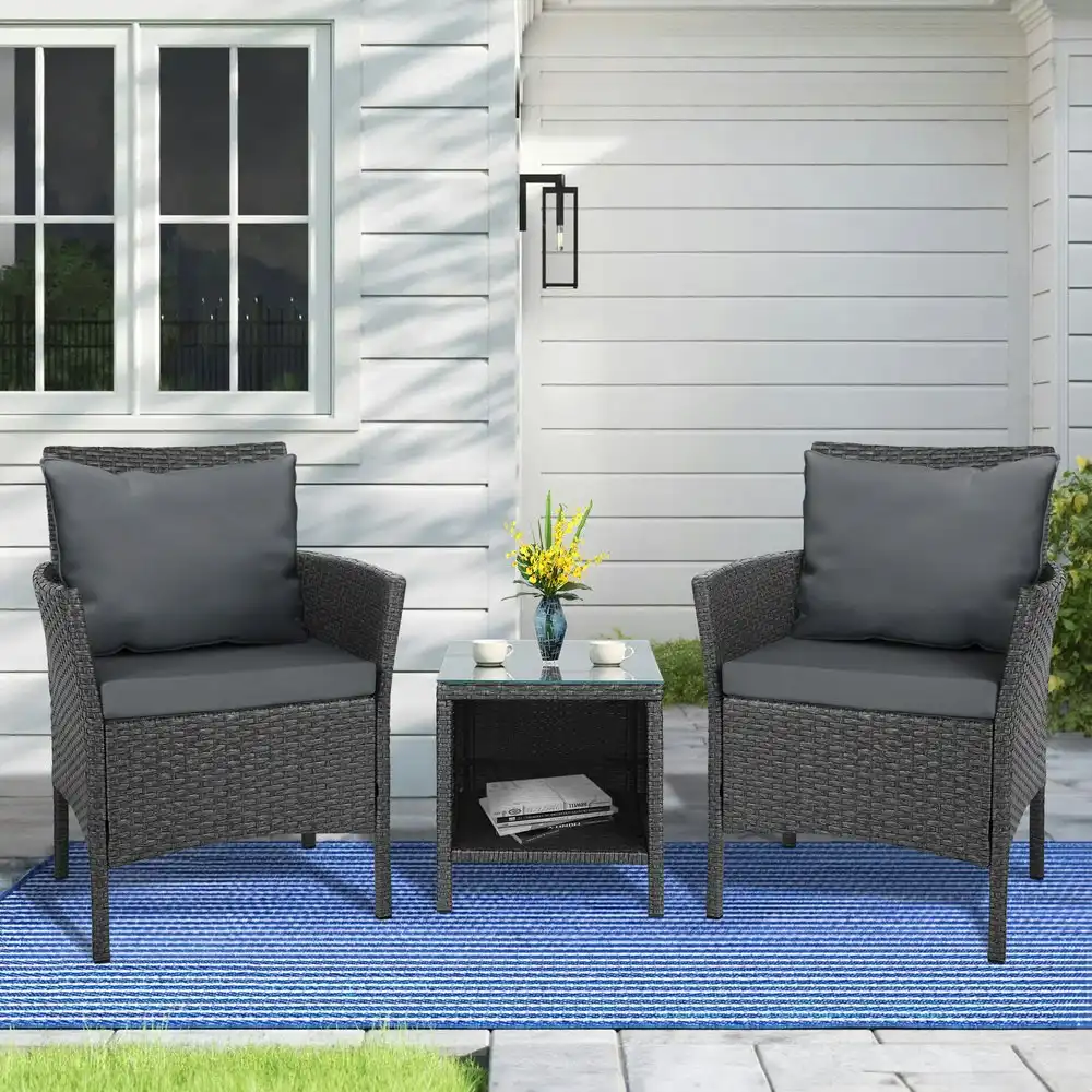 Alfordson Outdoor Furniture 3PCS Bistro Wicker Set Pillows Dark Grey