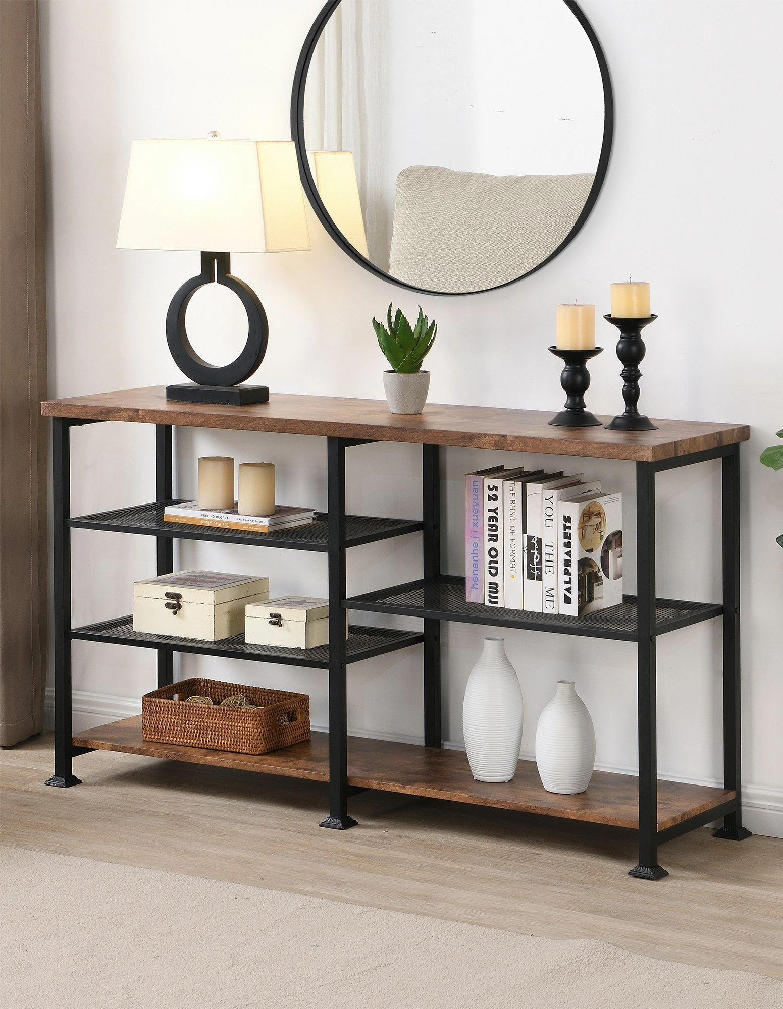 IHOMDEC Industrial 4-Tier Console Table 140cmW Rustic Dark Brown