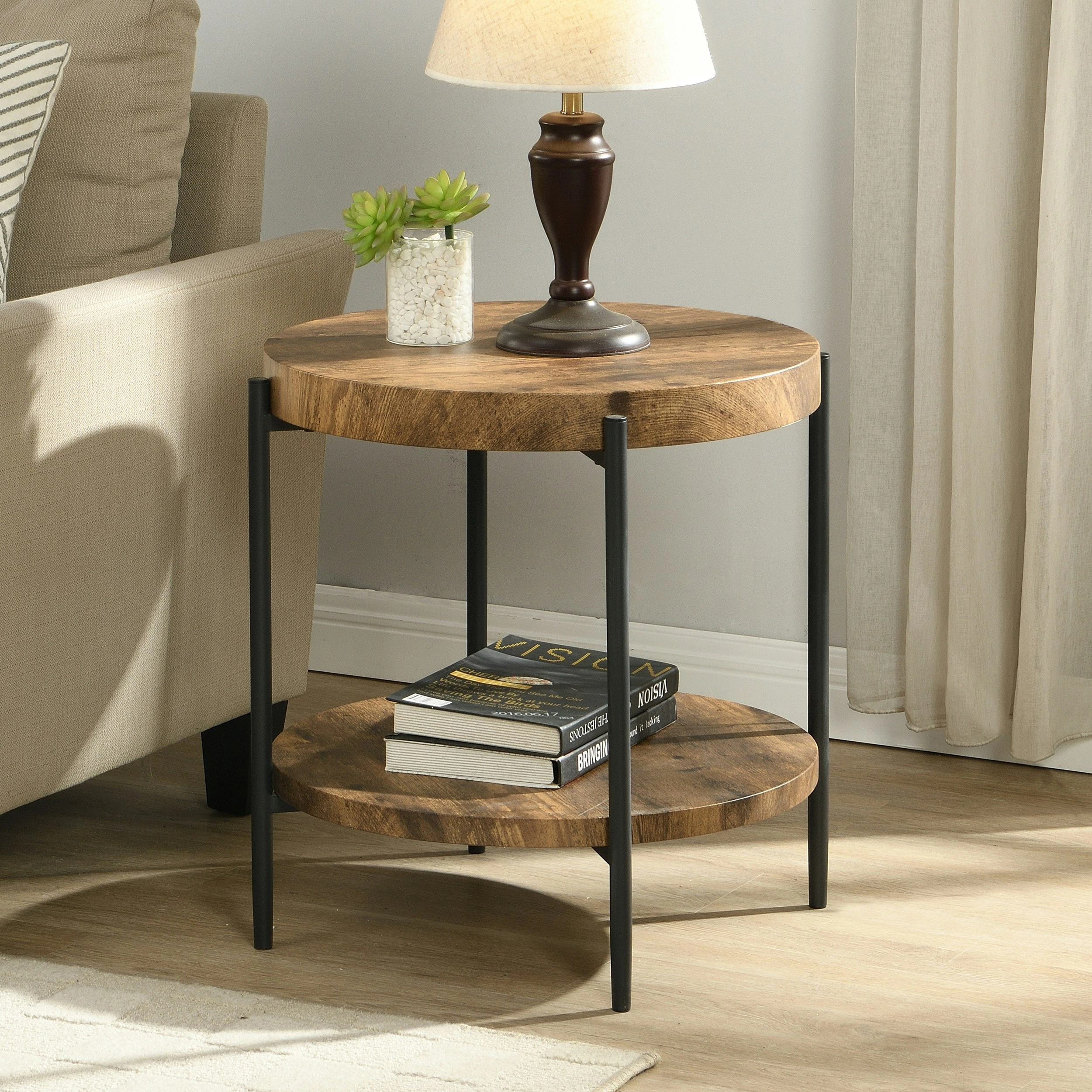 IHOMDEC 2-Tier Wooden Round Side Table with 4 metal legs Rustic Dark Brown