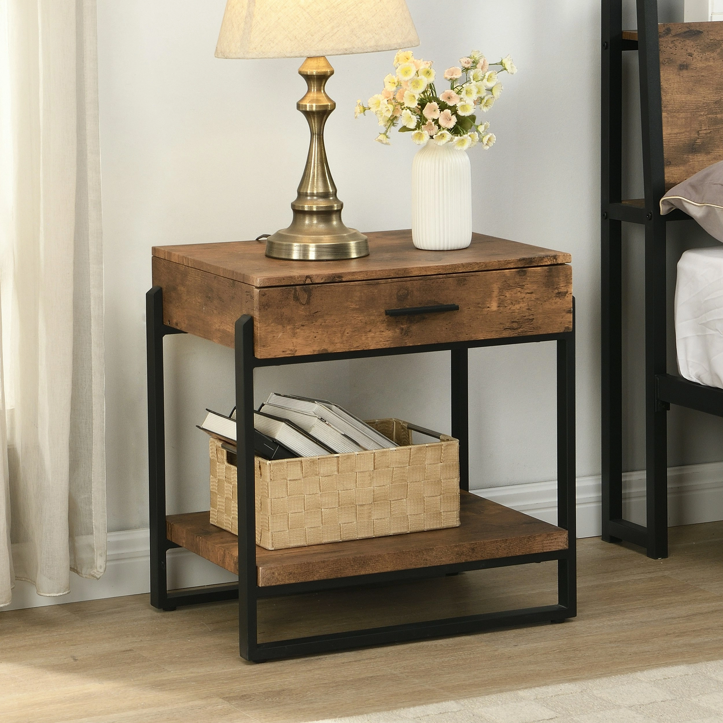 IHOMDEC Industrial Wood and Metal Night Stands with Drawer Rustic Dark Brown