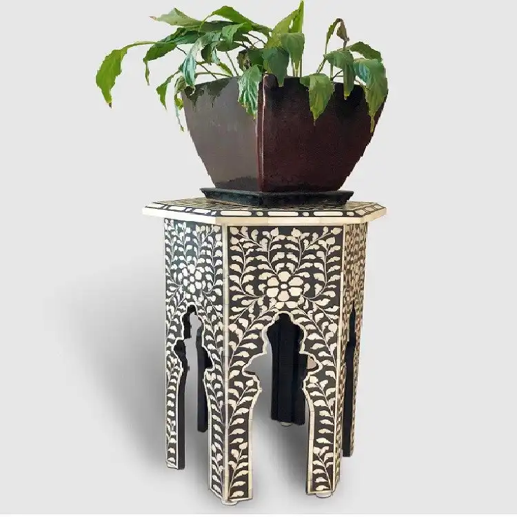 Zohi Interiors Bone Inlay Tall Hexa Side Table in Black