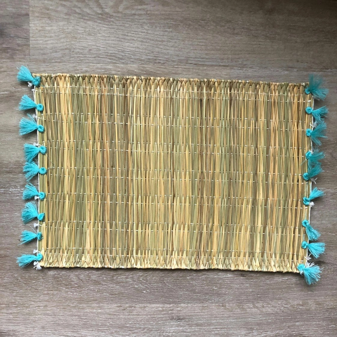 Zohi Interiors Handmade Marrakech Cotton & Raffia Placemat with Aqua Tassels