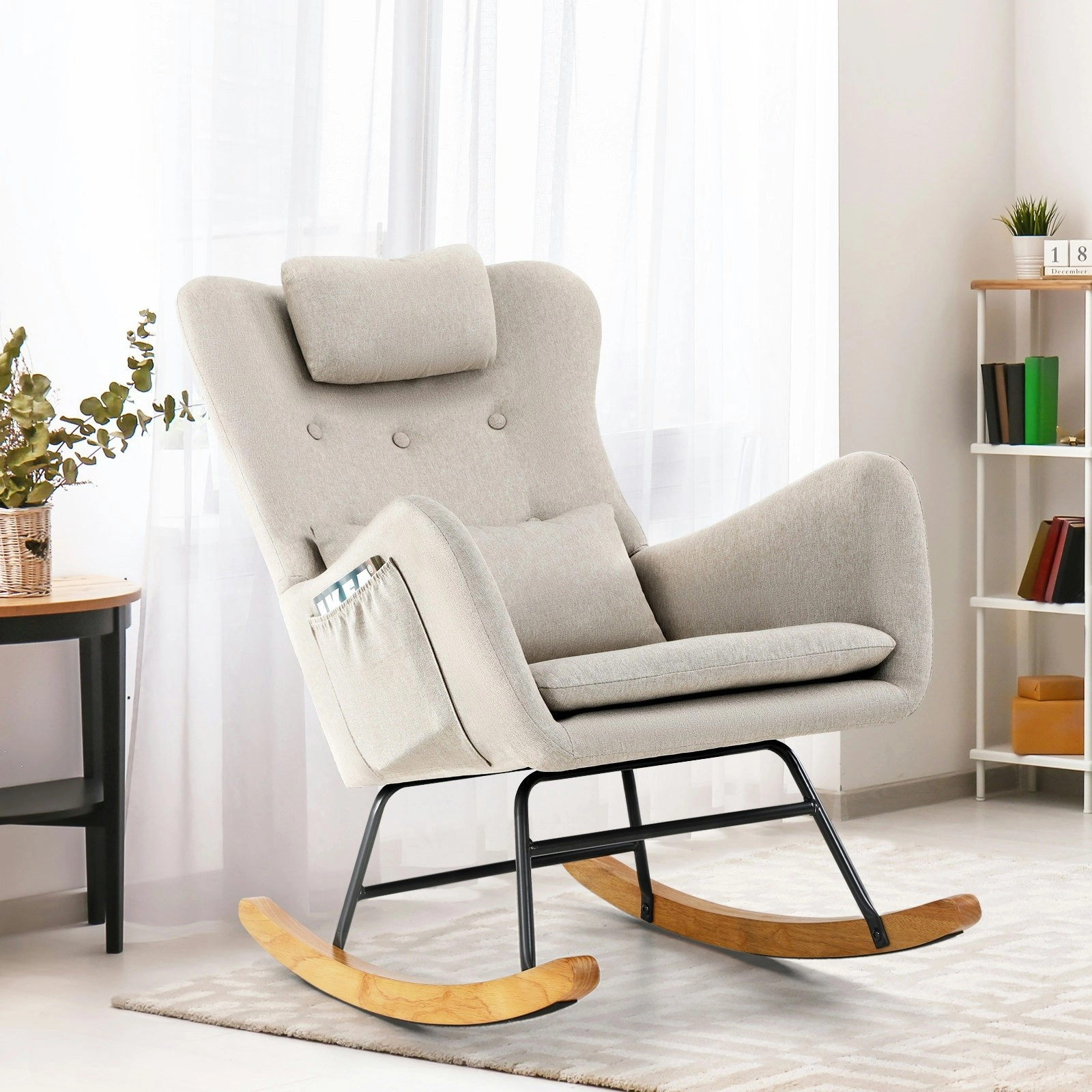 Oikiture Rocking Chair Nursing Armchair Linen Accent Chairs With 2 Pillow Beige