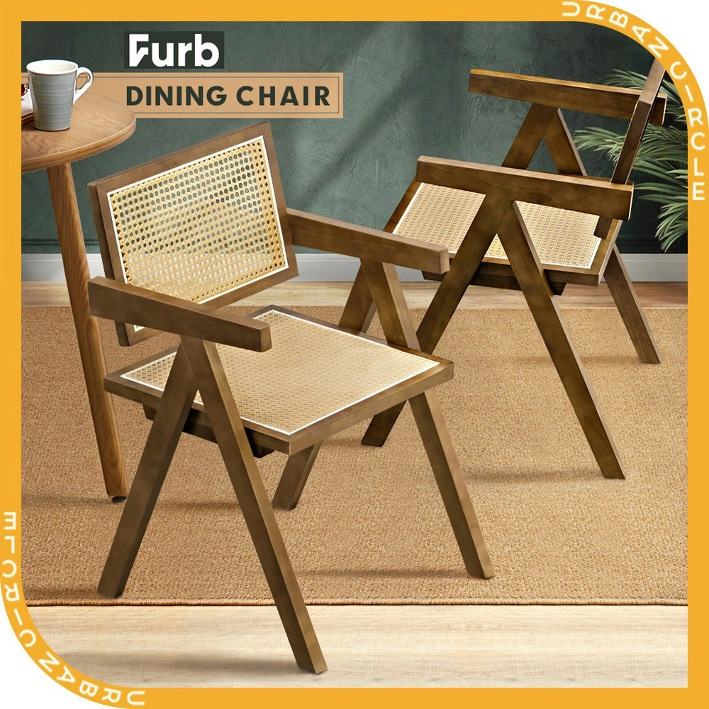 Furb 2x Dining Chairs Rattan Chair With Armrest Accent Wooden Chair Walnut