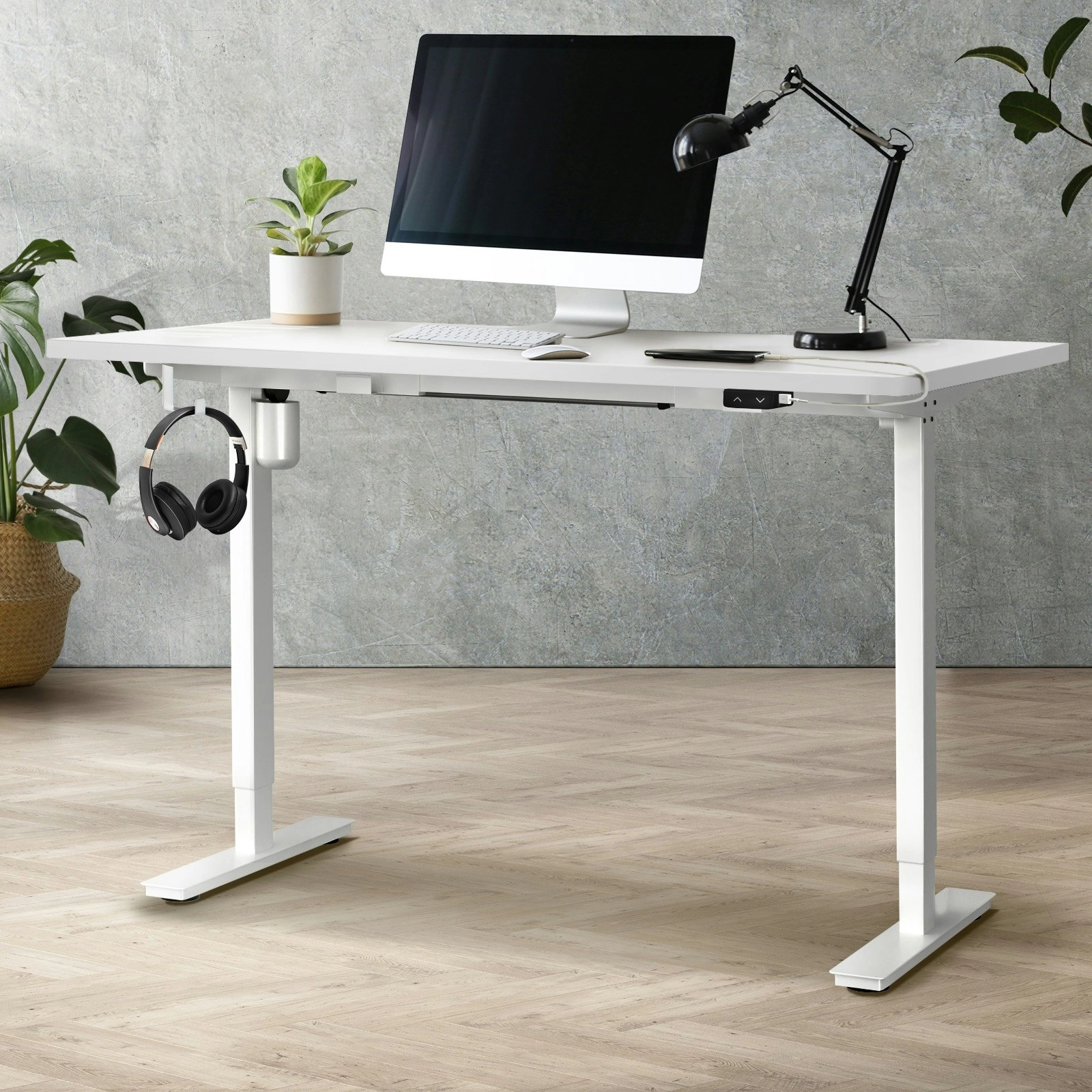 Oikiture 150CM Electric Standing Desk Single Motor White Frame White Desktop