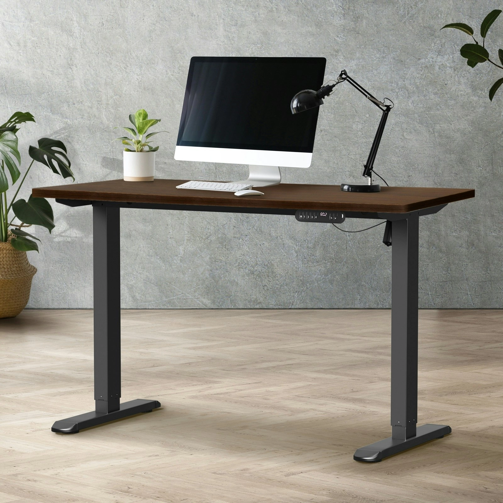 Oikiture 120CM Electric Standing Desk Single Motor Black Frame Walnut Tabletop