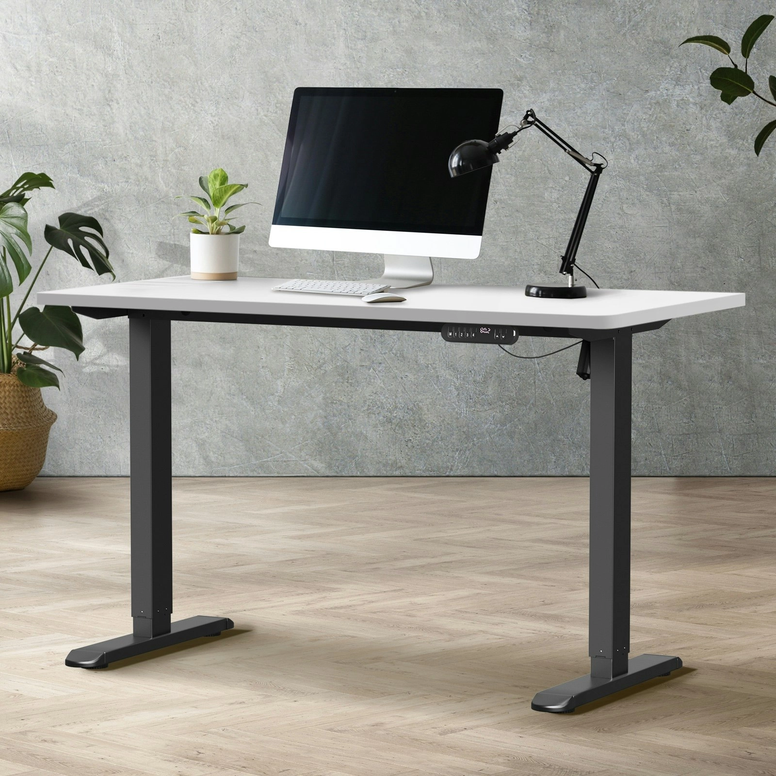 Oikiture 120CM Electric Standing Desk Single Motor Black Frame White Tabletop