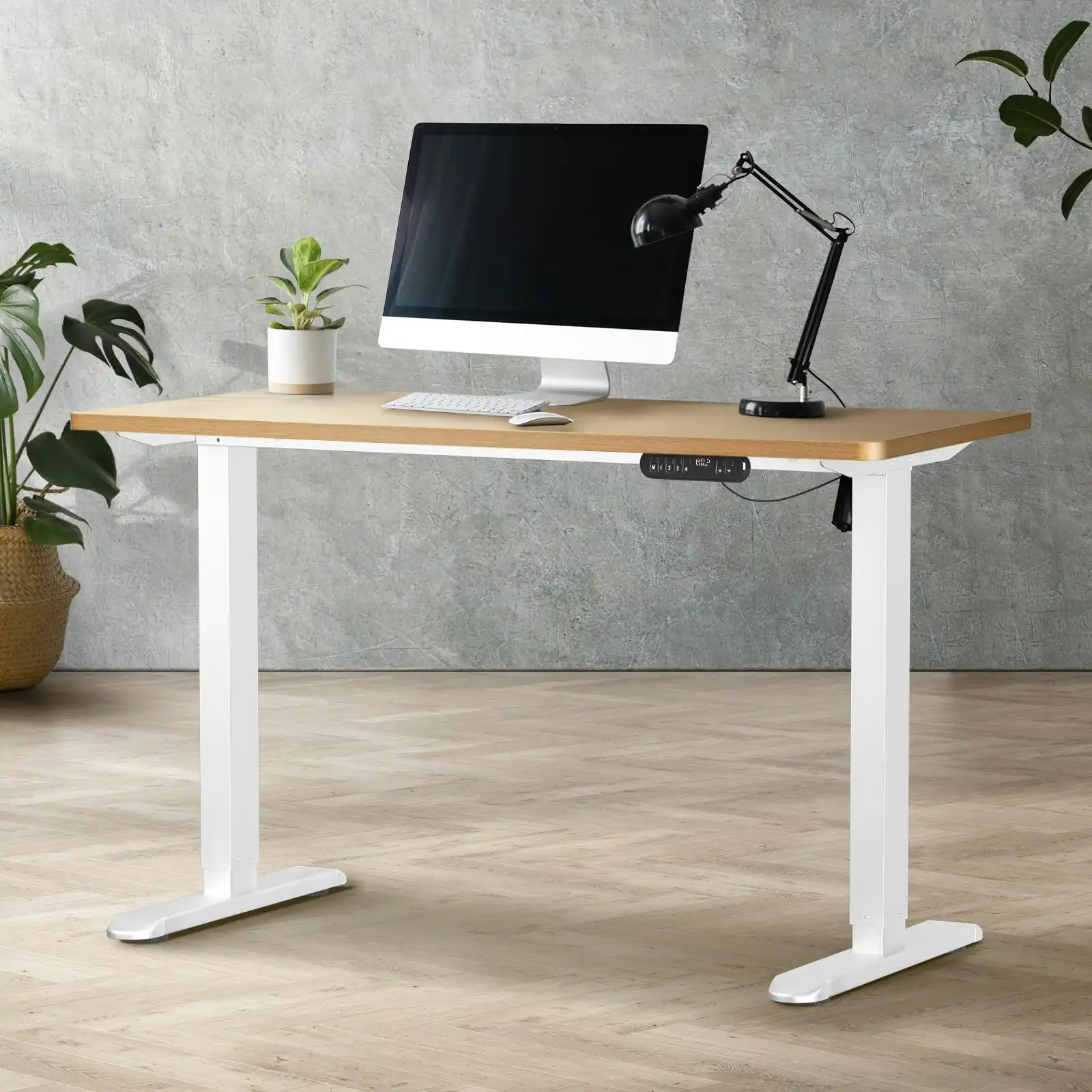 Oikiture 120CM Electric Standing Desk Single Motor White Frame OAK Tabletop