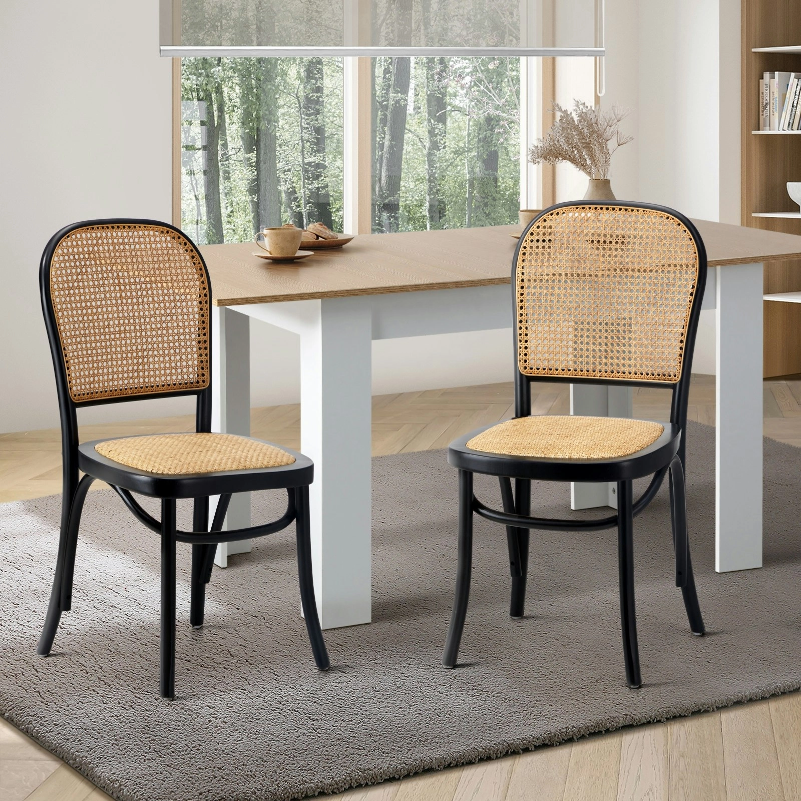 Oikiture 2PCS Dining Chairs Wooden Chairs Rattan Accent Chair Black