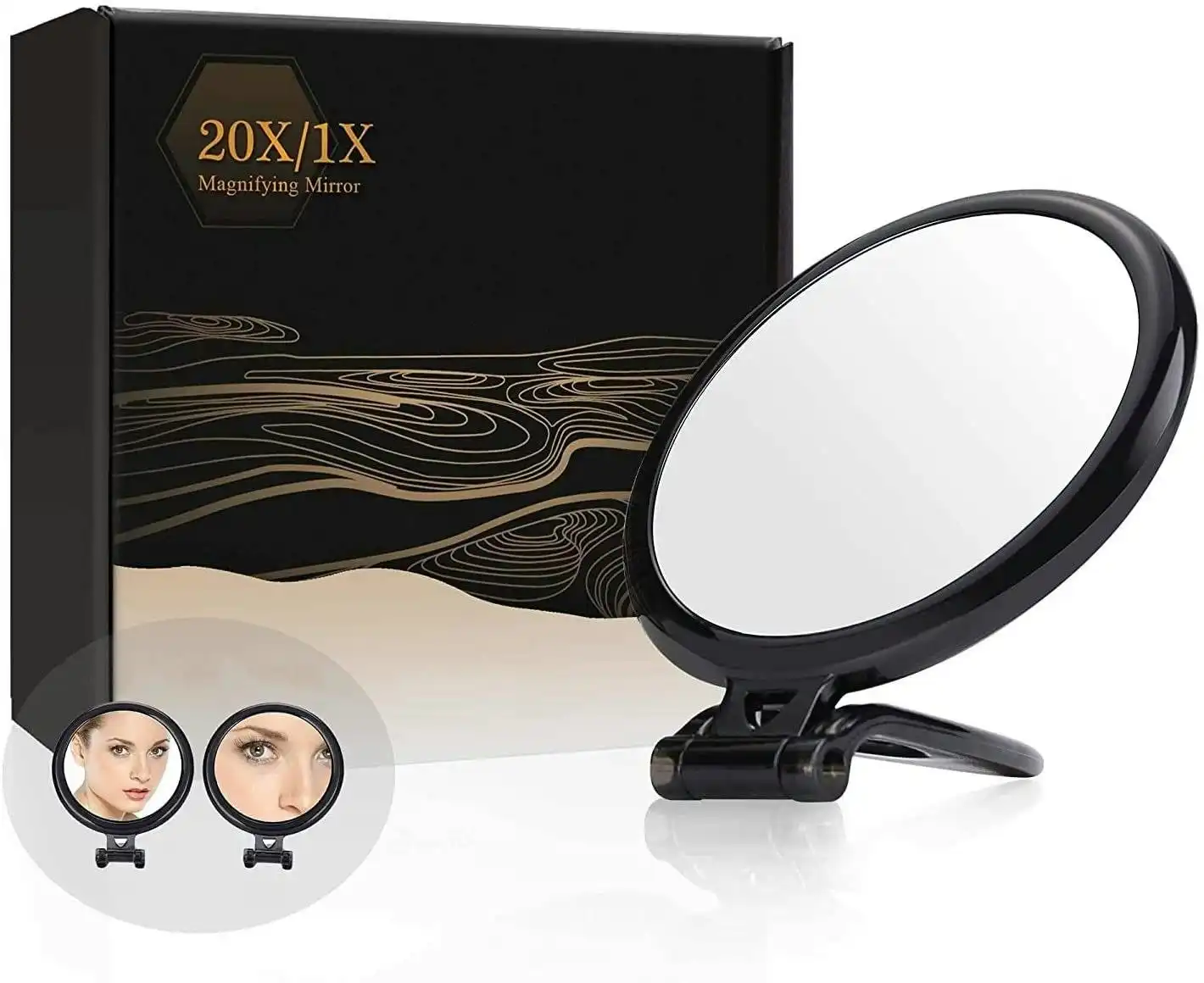 20X Magnifying Hand Mirror Two Sided Use for Makeup Application, Tweezing, and Blackhead/Blemish Removal (12,5 cm Black)