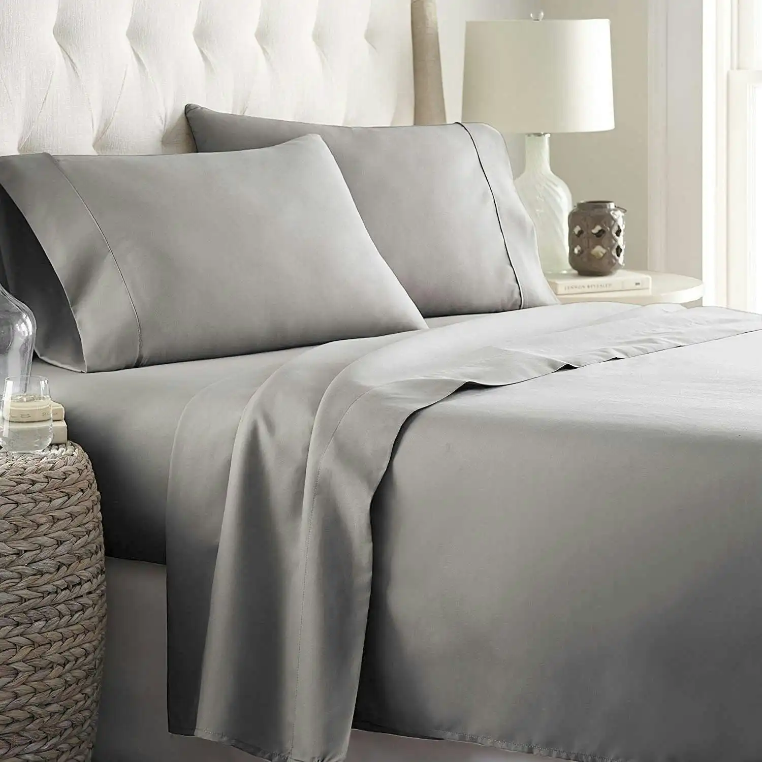 2000TC Ultra-Soft All AU Size Bed Sheet Set, Super King Silver Gray, Luxury Bedding Sheets, Breathable Deep Pocket