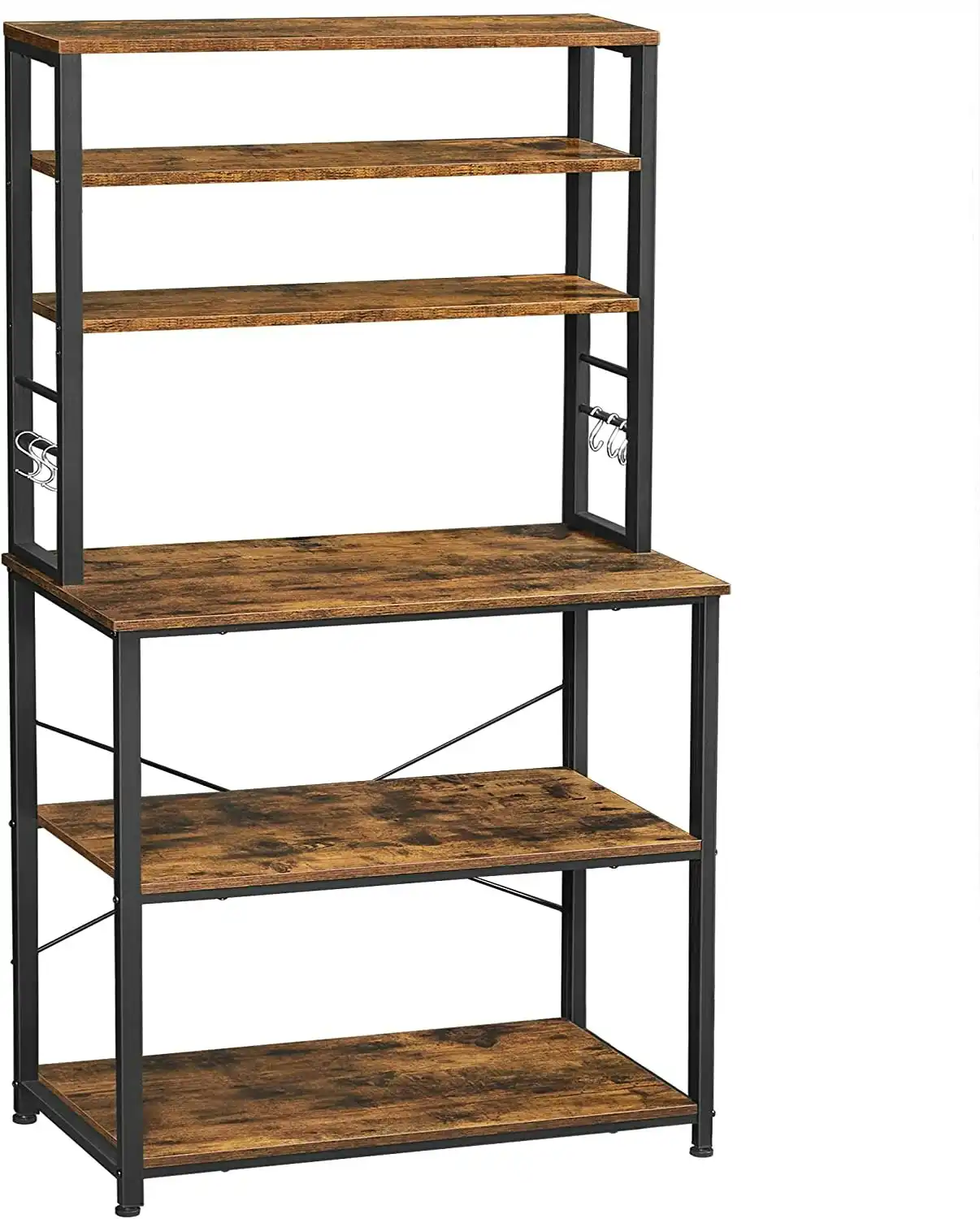 Rustic Brown and Black 6-Tier Kitchen Utility Storage Shelf - Baker's Rack with Microwave Oven Stand and 6 Hooks.