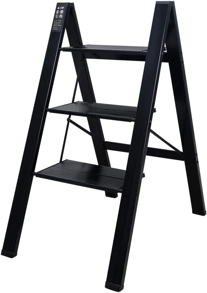 3 Step Ladder Lightweight Folding Aluminum Heavy Duty Stepladders Storage Shelf Rack Anti-Slip Platform Household Office Painting Black