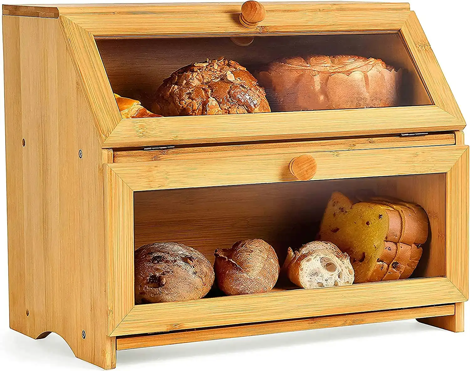 Double Layer Large Bread Box Kitchen Countertop Wooden Capacity Bamboo Farmhouse Style Clear Window Self-Assembly