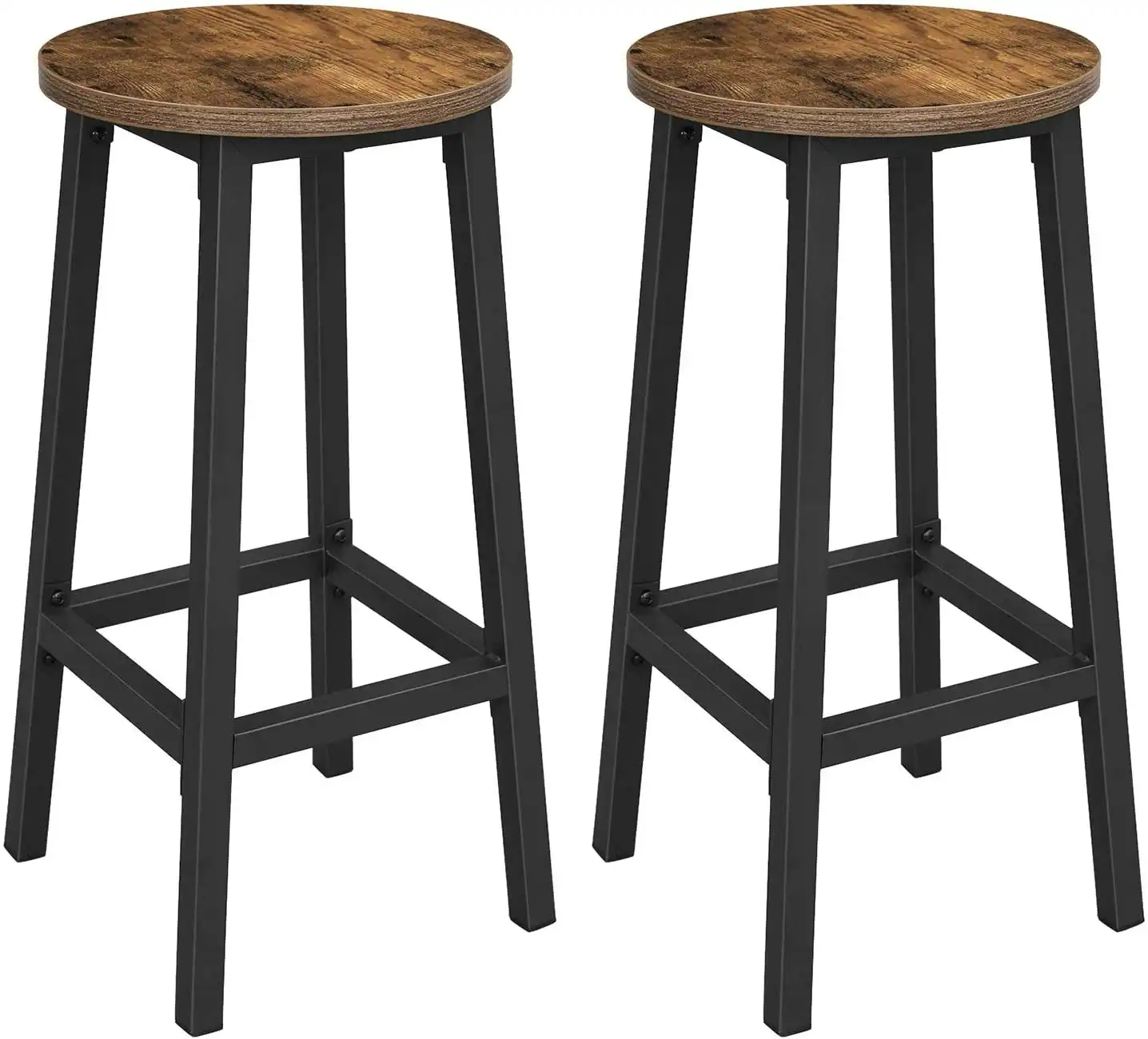 Set of 2 Bar Stools with Sturdy Steel Frame Rustic Brown and Black,  65 cm Height