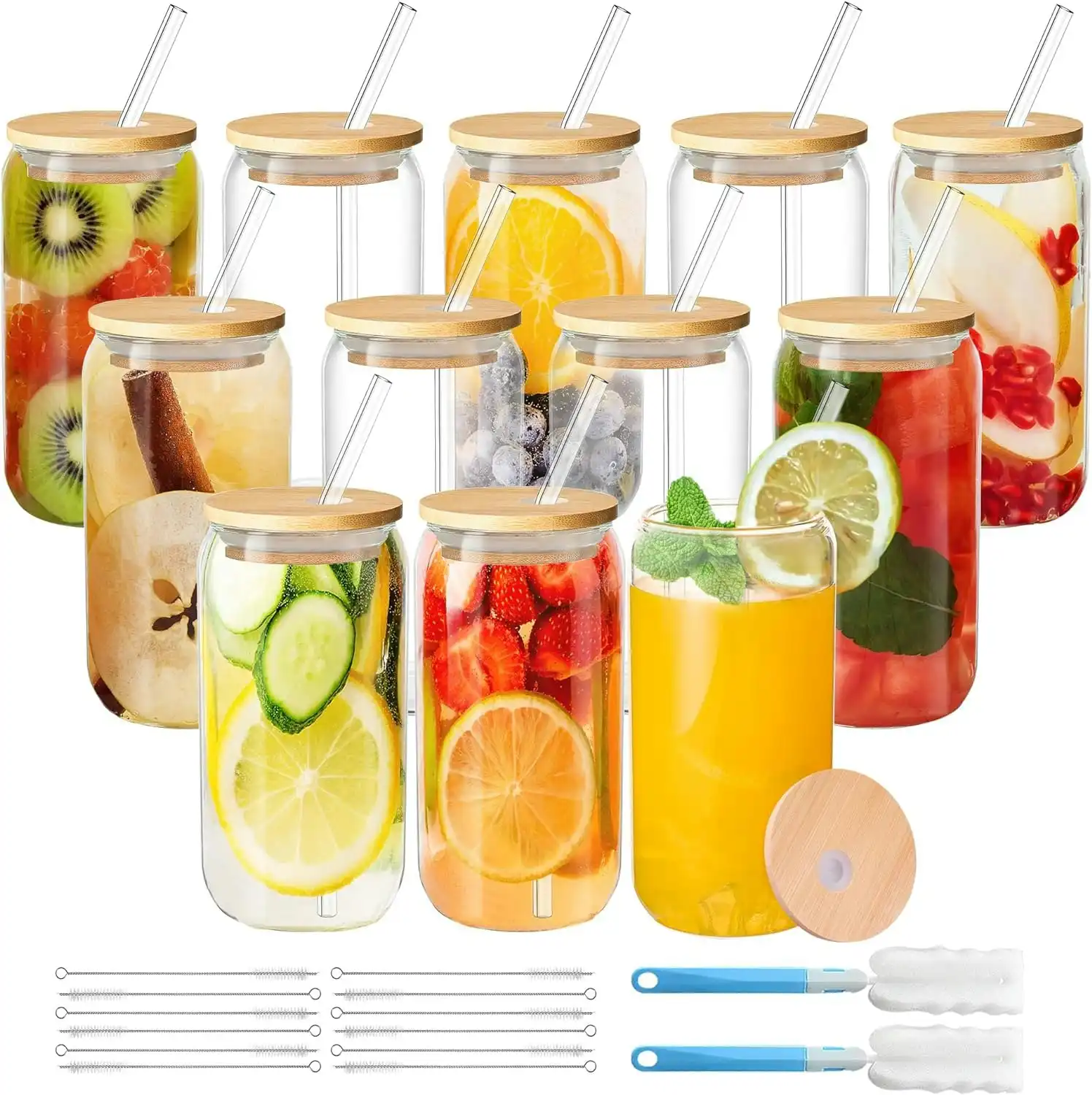 12-Pack Clear Glass Cup Set: Glasses with Bamboo Lids, Straws