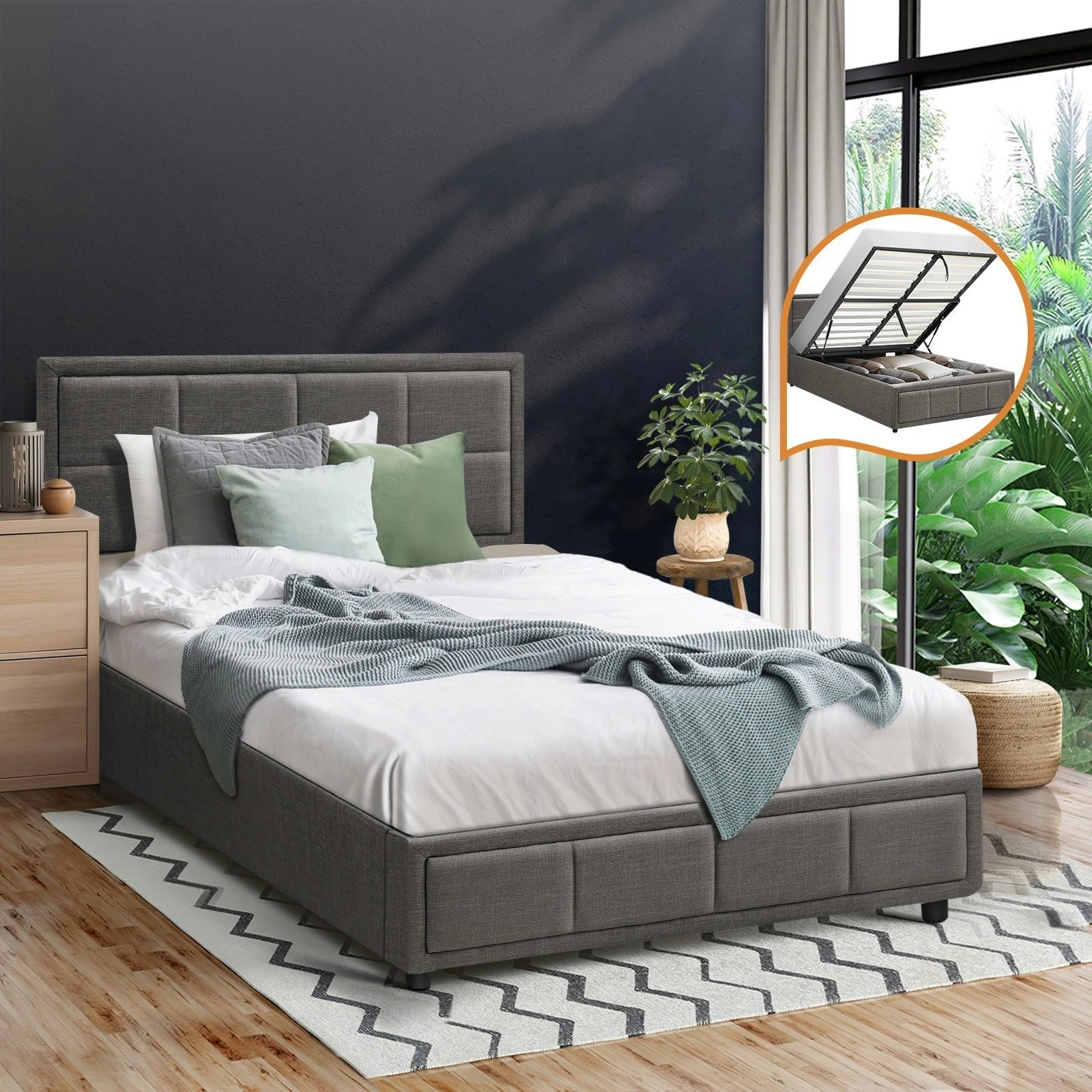 Oikiture Bed Frame King Single Gas Lift Storage Base Fabric Grey