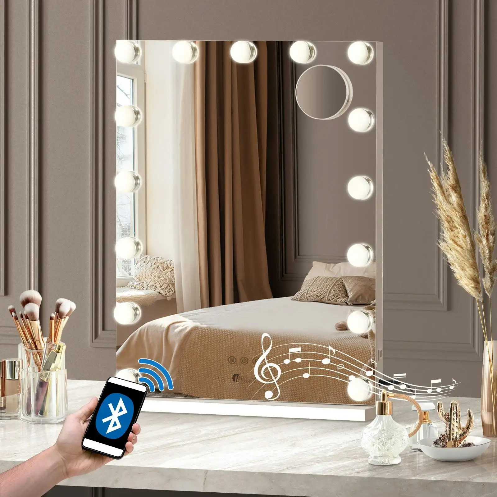 Oikiture 61x43cm LED Makeup Mirror Bluetooth Hollywood Vanity Wall Mirrors Standing Wall Mounted