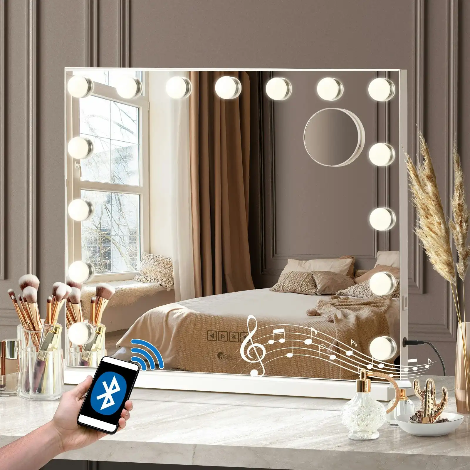 Oikiture 60x52cm Makeup Mirror Bluetooth Hollywood LED Light Vanity Mirrors Standing Wall Mounted