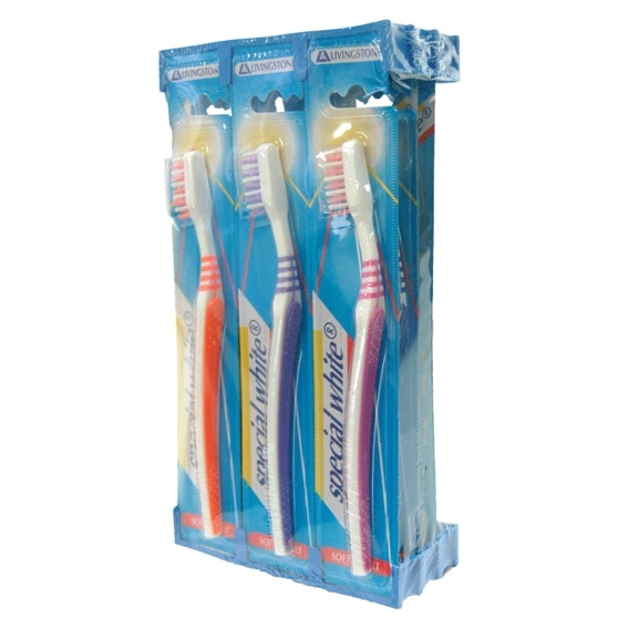 Livingstone Special White Toothbrush, Adult, Soft DuPont USA Bristles, Assorted Colours, 12/Pack, 480/Carton