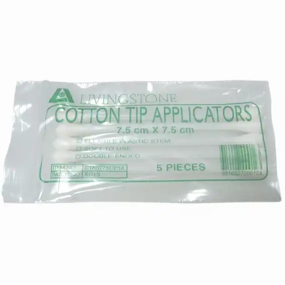 Livingstone Cotton Tip Applicator, Double Tipped, Recyclable Plastic Stem, 7.5cm, 5/Pack, 300 Packs/Box x5