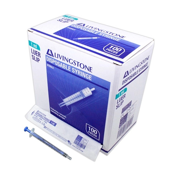 Livingstone Syringe 1ml Luer Slip Tip Tuberculin Blue Plunger Sterile 100 Box