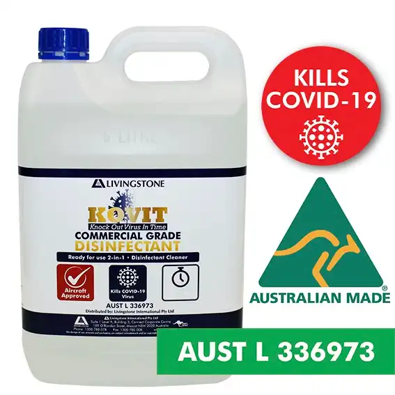 KOVIT Commercial Grade 2 in 1 Sanitiser Cleanser, Kills SARS & COVID-19 Virus & Germs 5 Litres Alcohol Free TGA White Australia Made Each