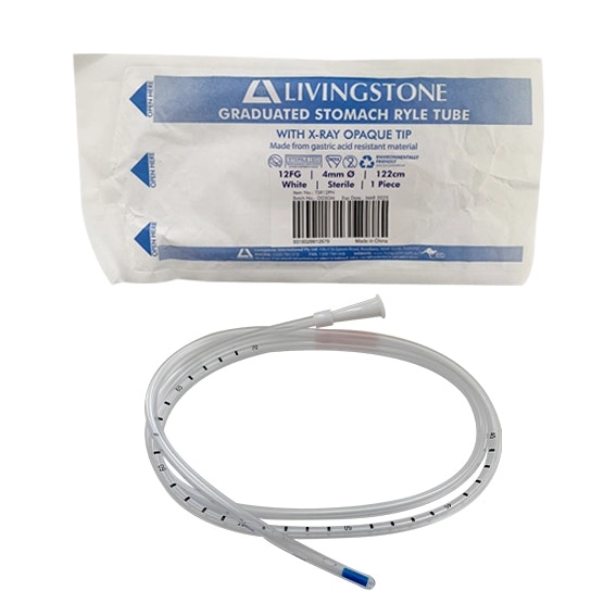 Livingstone Graduated Stomach Duodenal Ryles Tube with X-Ray Opaque Tip 12FG 4mm 122cm Sterile White