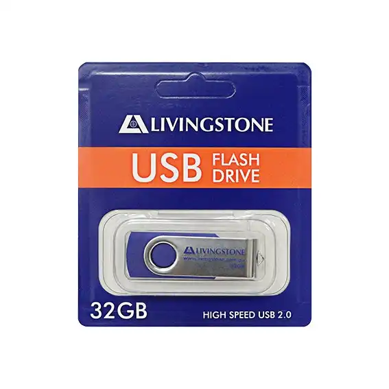 Livingstone USB Flash Drive 32GB 2.0 Rotating Cap Blue and Silver