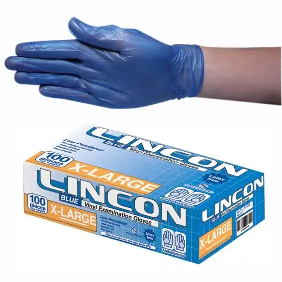 Lincon Vinyl Low Powder Gloves 6.0g Extra Large Blue HACCP Grade 100 Box 1000 Carton