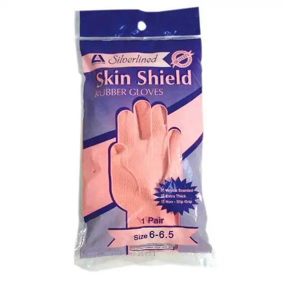 Skin Shield Silver Lined Natural Rubber Gloves Biodegradable Sise 6.5 Pink Vanilla Scent 1 Pair