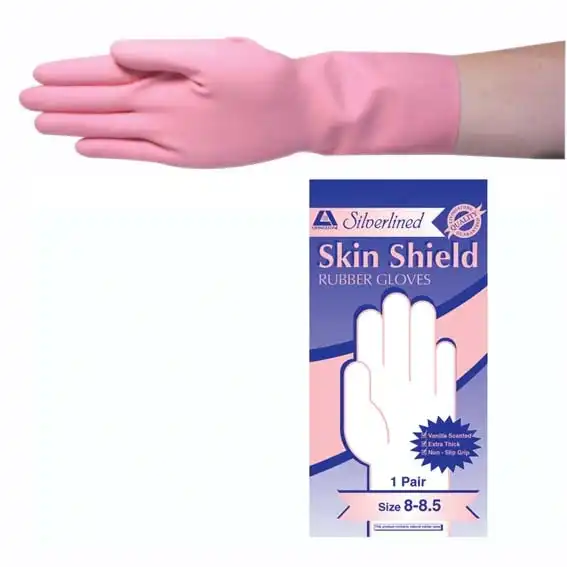 Skin Shield Silver Lined Natural Rubber Gloves Biodegradable Size 8 Pink Vanilla Scent 1 Pair