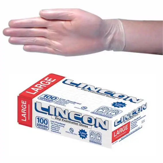 Lincon Vinyl Low Powder Gloves 5.5g Large Clear HACCP Grade 100 Box