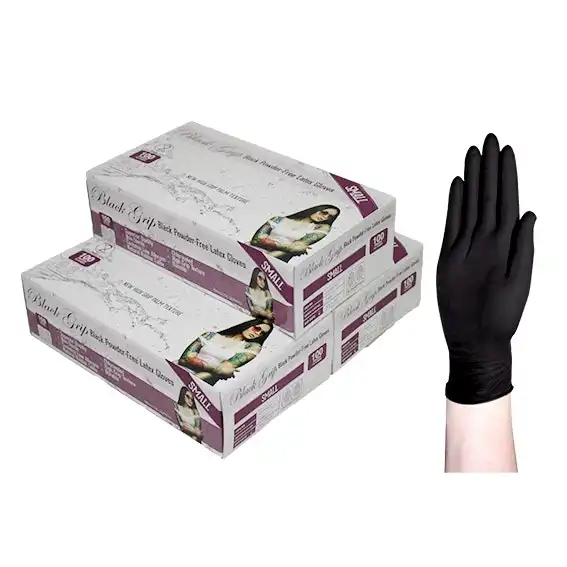 Black Grip Latex Powder Free Small Black Gloves 100 Box x10