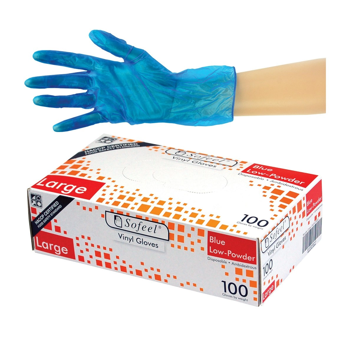 Sofeel Vinyl Low Powder Gloves 5.0g Large Blue HACCP Grade 100 Box