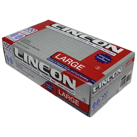 Lincon Latex Powder Free Gloves Large Cream ASTM HACCP Grade 100 Box x10